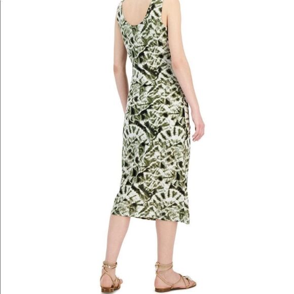 NWT INC Tie-Front Sleeveless Midi Dress Size XL Green White Tie Dye Stretchy - Picture 2 of 15